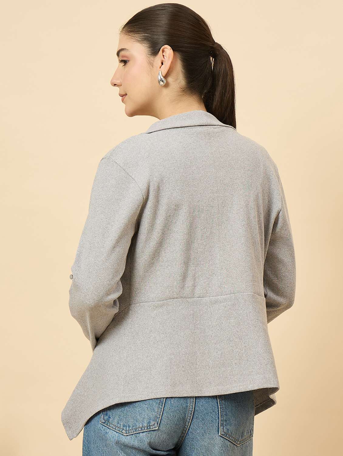 women solid long sleeve asymmetric shrug - 22177902 -  Standard Image - 4