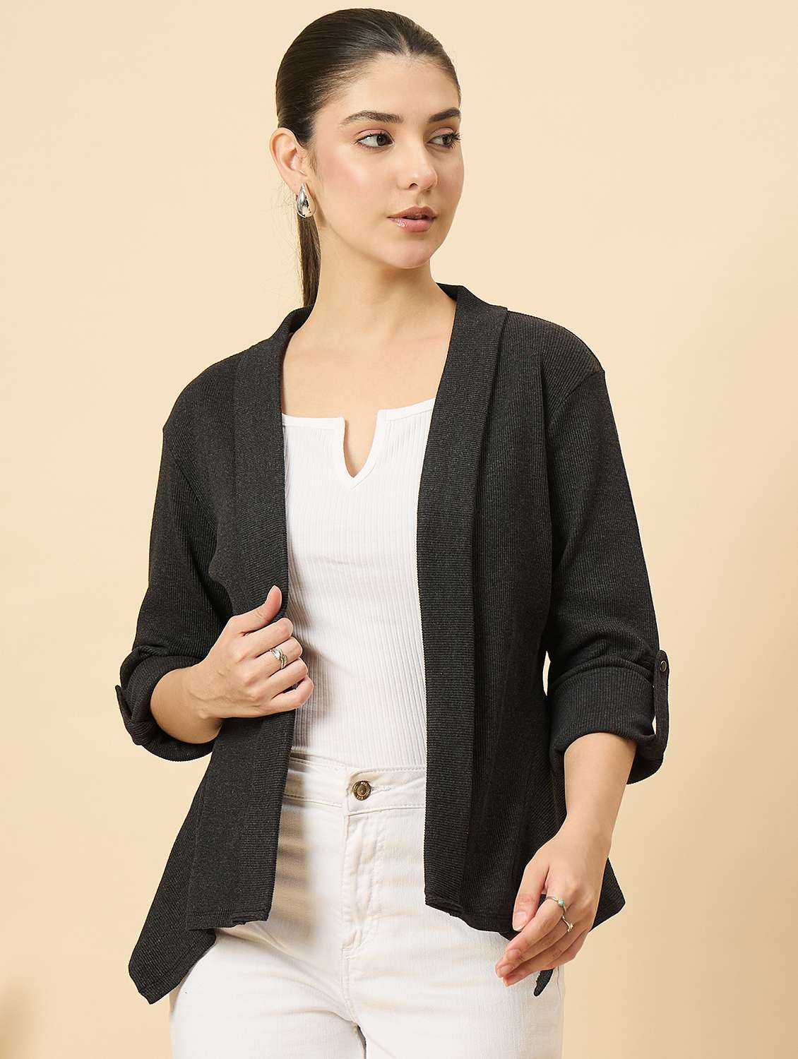 women solid long sleeve asymmetric shrug - 22177903 -  Standard Image - 1