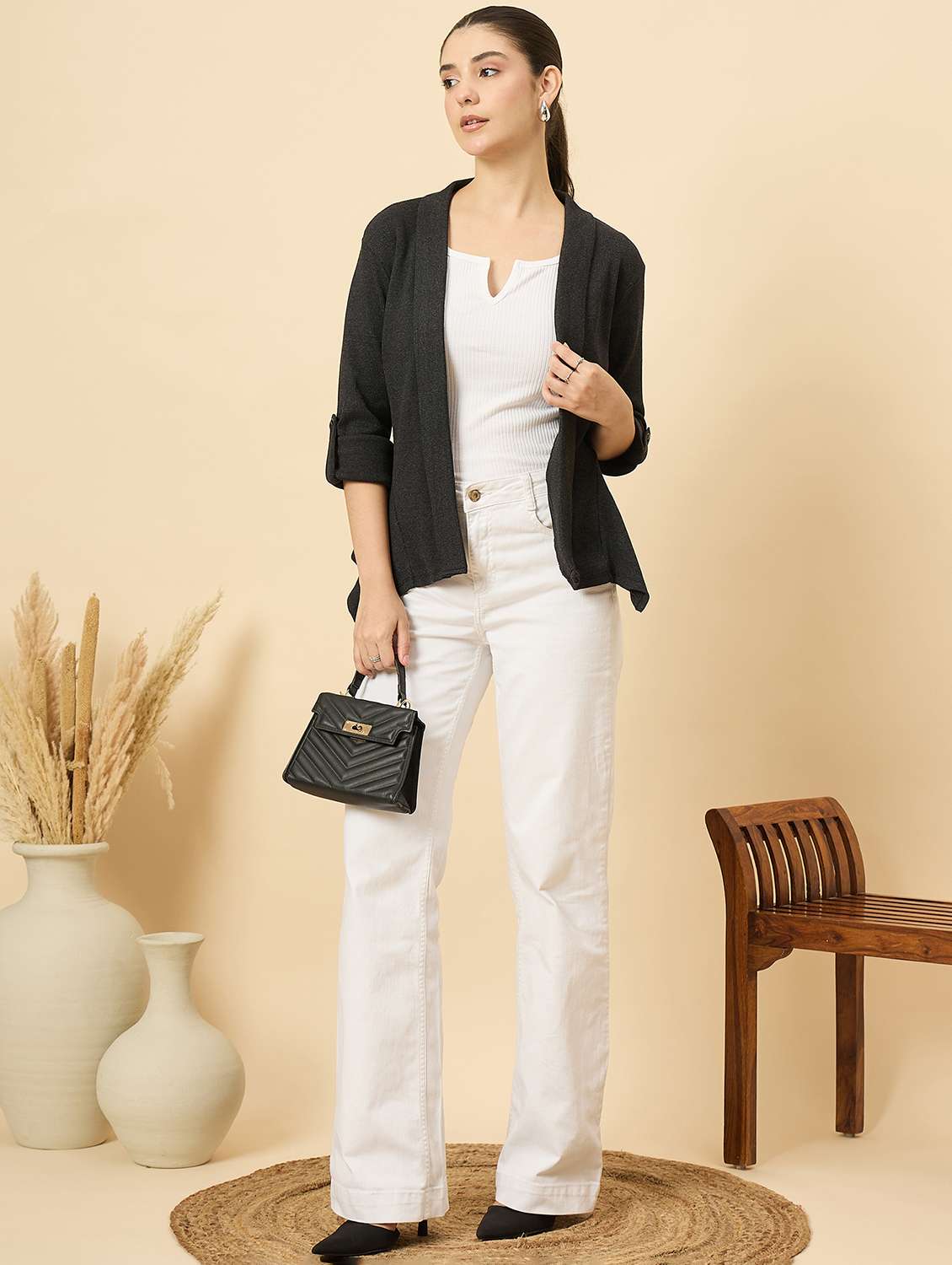 women solid long sleeve asymmetric shrug - 22177903 -  Standard Image - 4