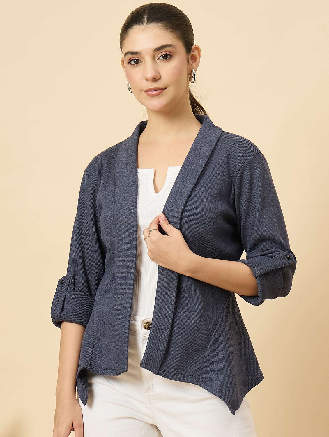 women solid long sleeve asymmetric shrug - 22177904 -  Standard Image - 1