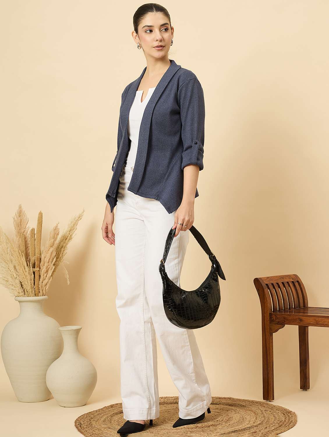 women solid long sleeve asymmetric shrug - 22177904 -  Standard Image - 4