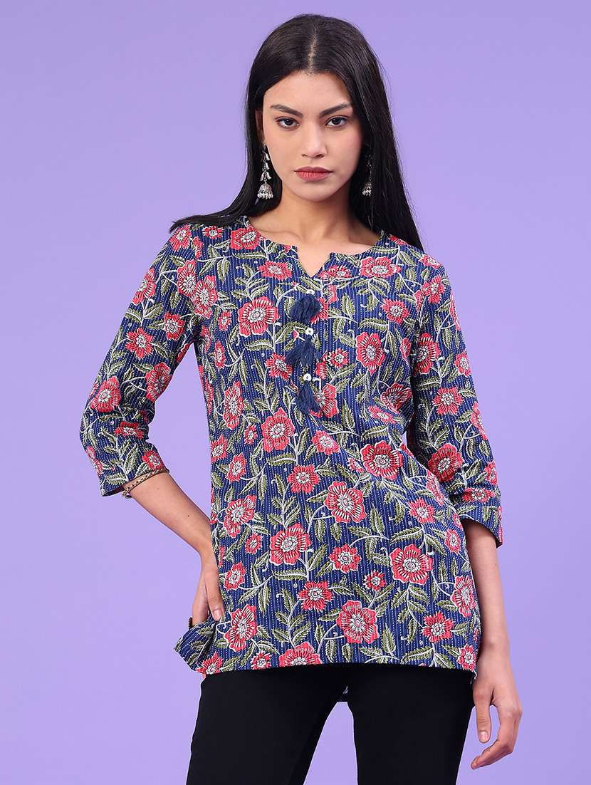 women floral printed three quarter sleeve straight kurti