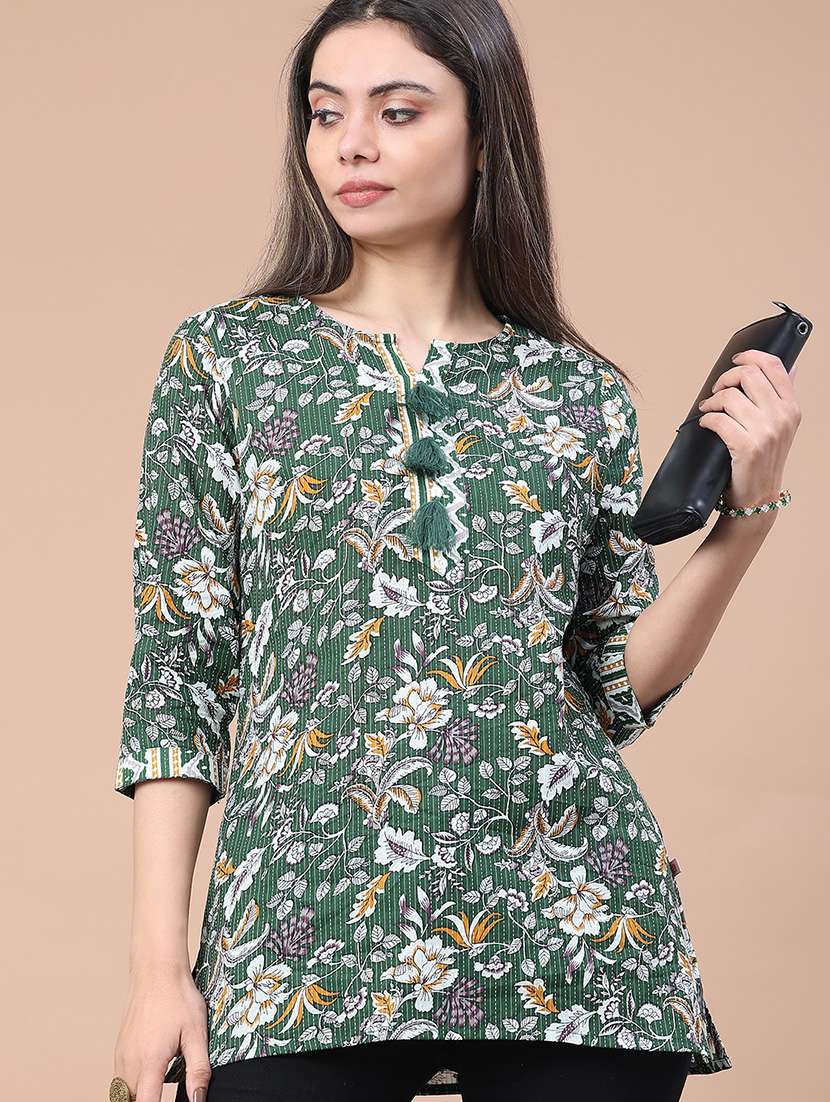 women floral printed three quarter sleeve straight kurti - 22178064 -  Standard Image - 1
