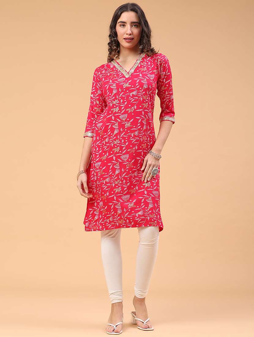 women printed three quarter sleeve straight kurta - 22178101 -  Standard Image - 1