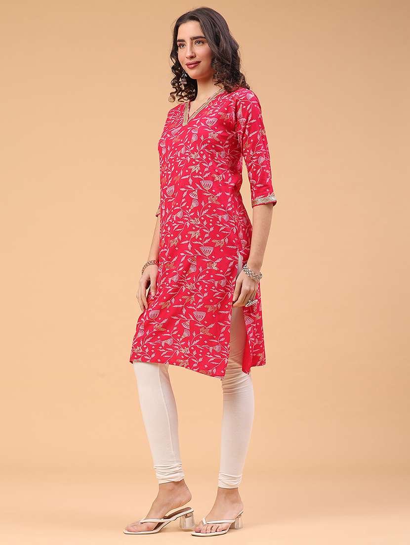 women printed three quarter sleeve straight kurta - 22178101 -  Standard Image - 4
