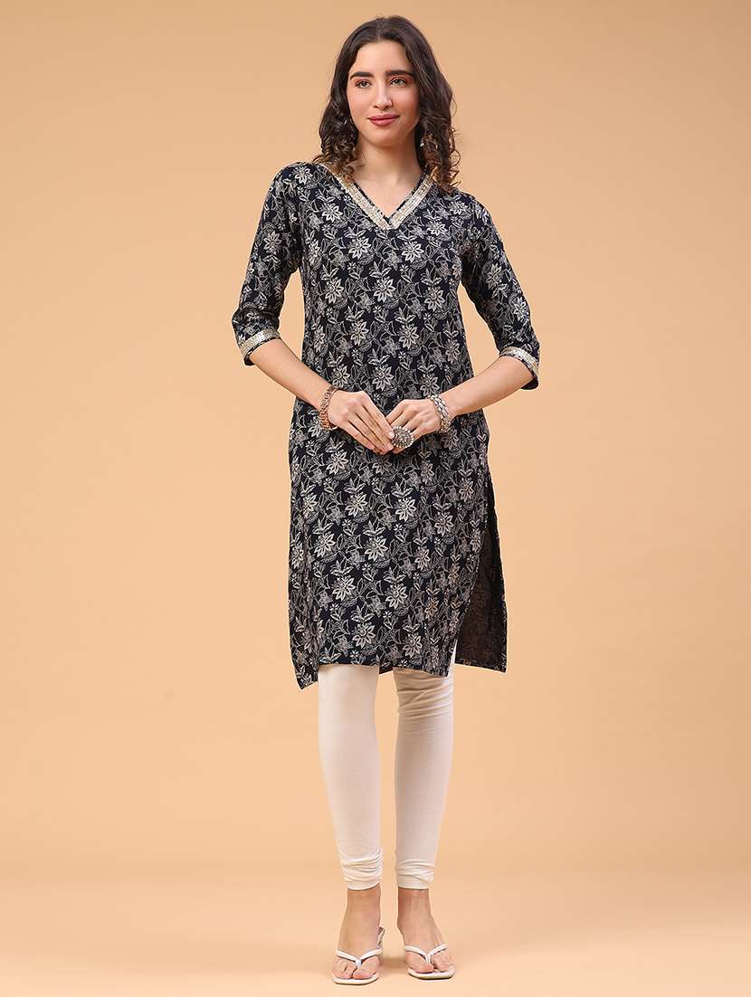 women floral printed three quarter sleeve straight kurta - 22178102 -  Standard Image - 1