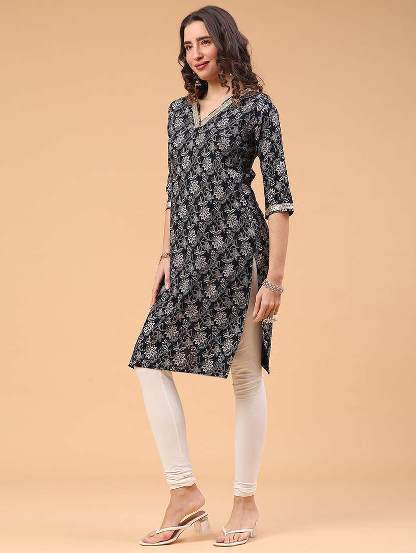 women floral printed three quarter sleeve straight kurta - 22178102 -  Standard Image - 4