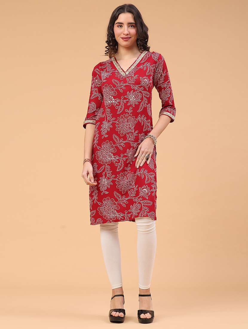 women floral printed three quarter sleeve straight kurta - 22178104 -  Standard Image - 1