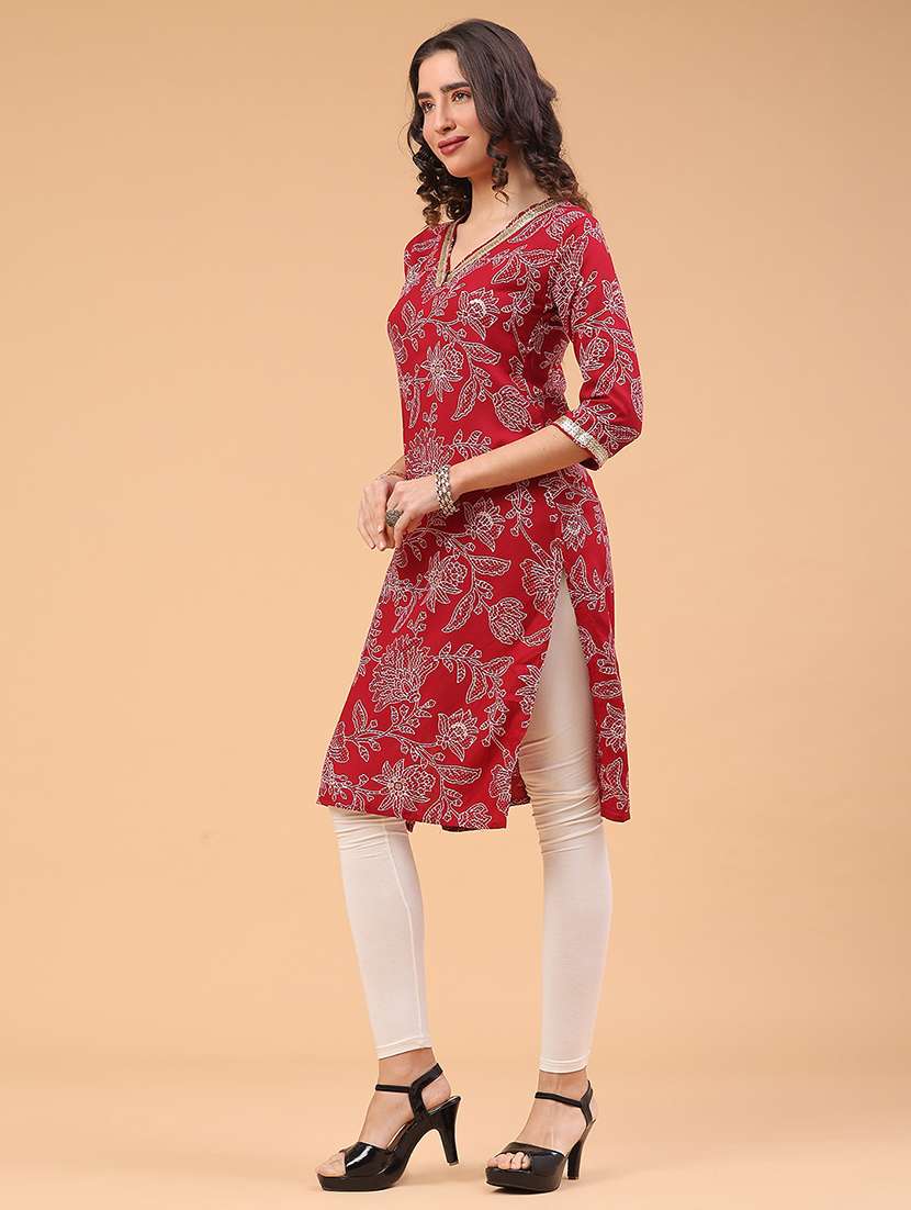 women floral printed three quarter sleeve straight kurta - 22178104 -  Standard Image - 4
