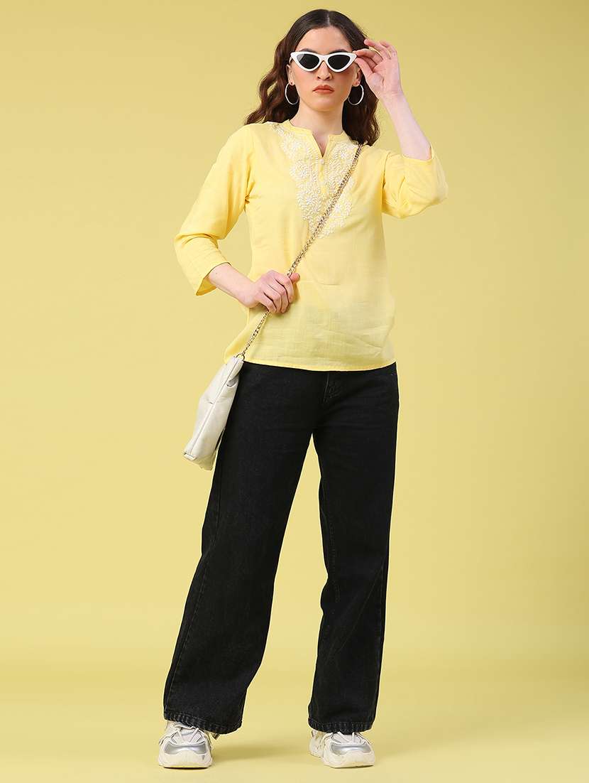 women solid with work three quarter sleeve straight kurti - 22178199 -  Standard Image - 4