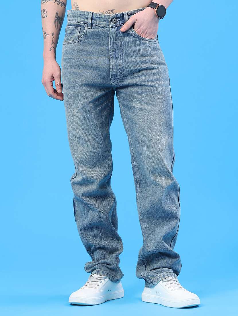 men washed mid rise full length straight jeans