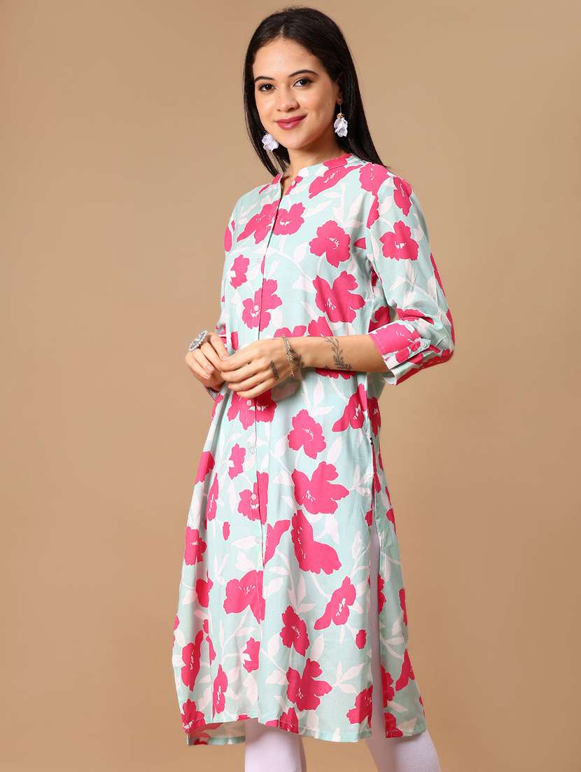 women floral printed three quarter sleeve straight kurta - 22178295 -  Standard Image - 1
