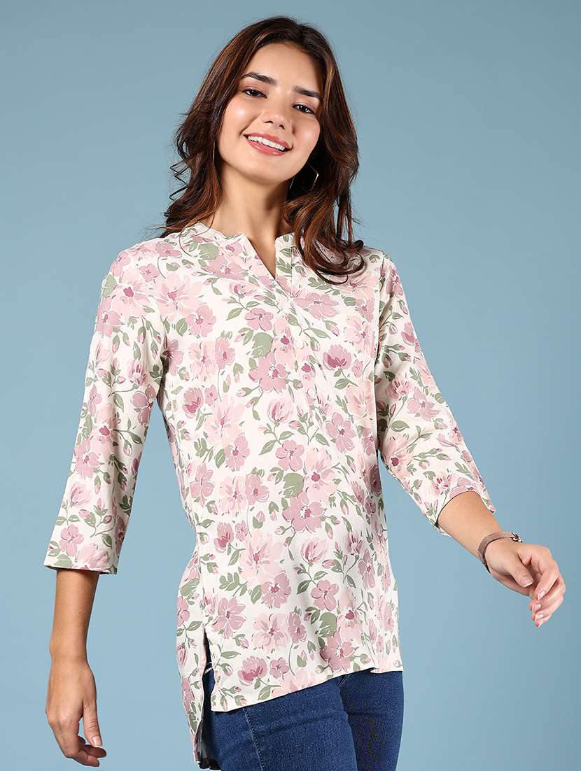 women floral printed three quarter sleeve straight kurti - 22178318 -  Standard Image - 1