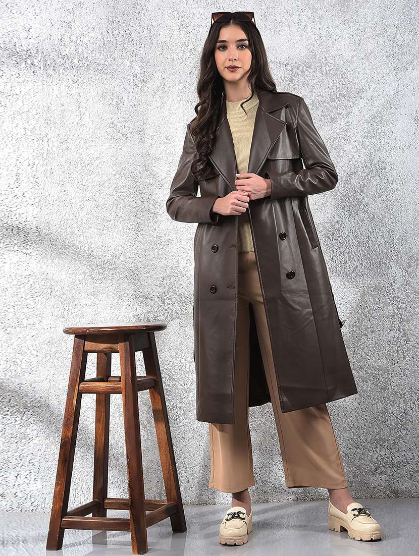 women brown solid long sleeve trench coat