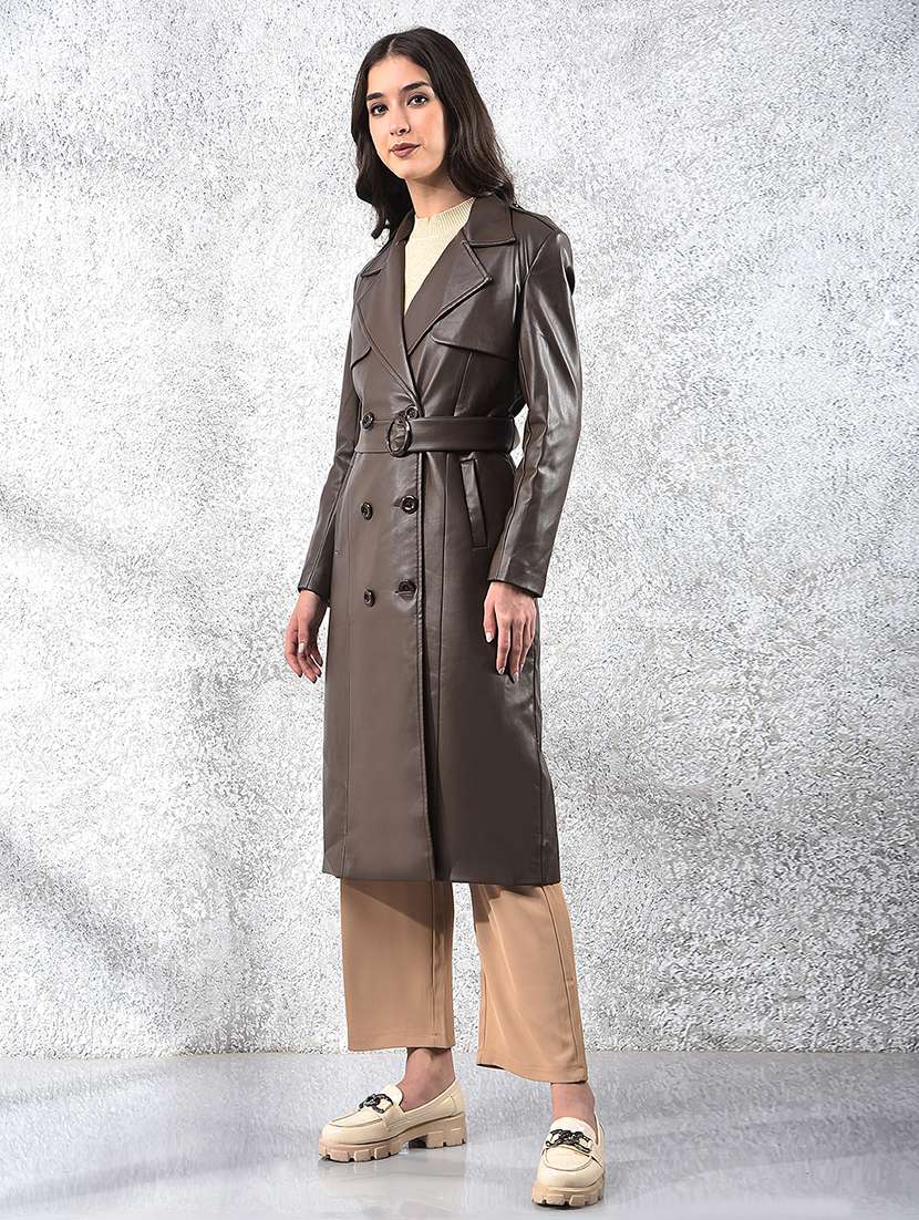 women brown solid long sleeve trench coat - 22178330 -  Standard Image - 1