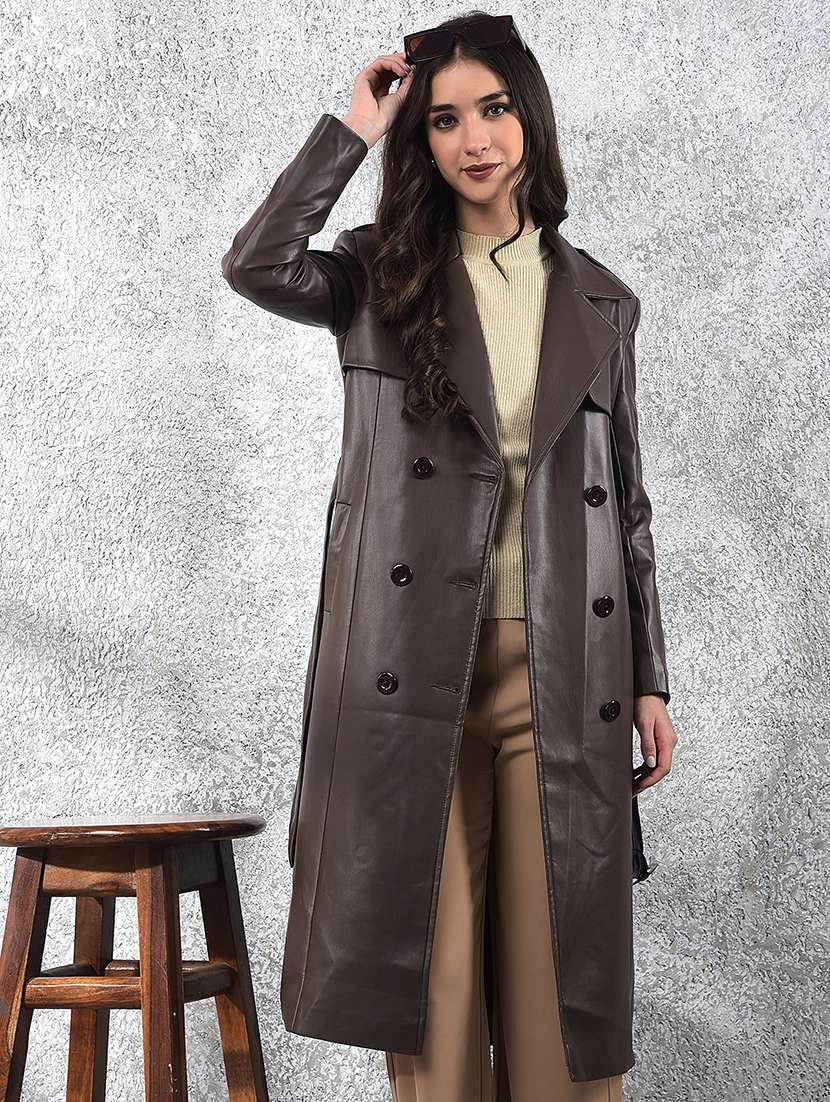 women brown solid long sleeve trench coat - 22178330 -  Standard Image - 4