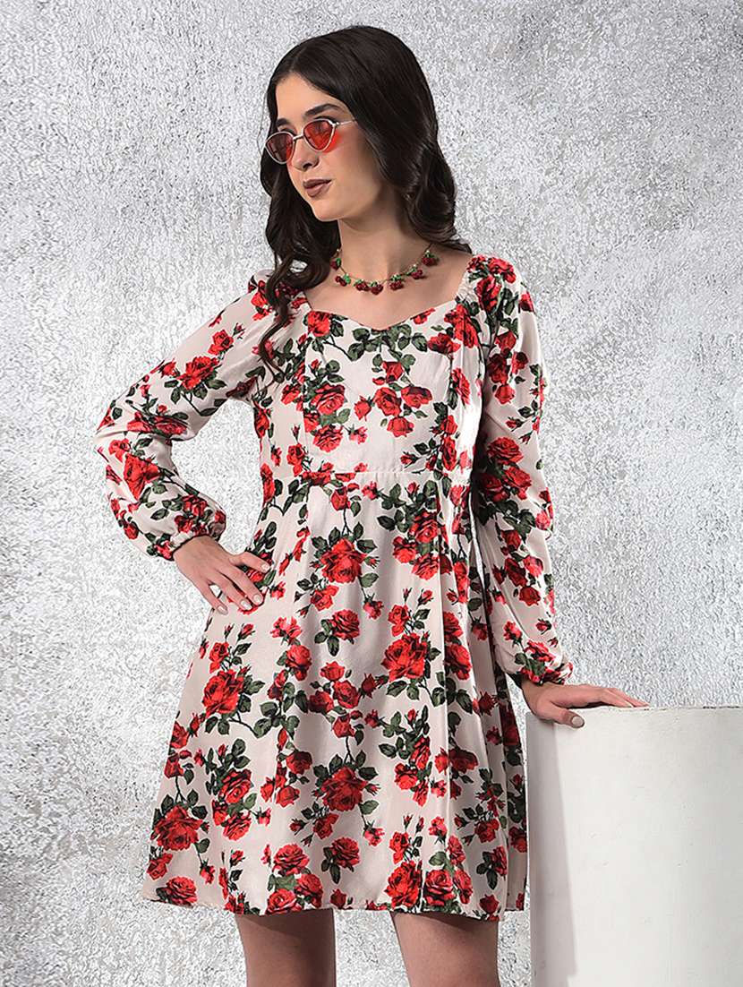 women floral print puff sleeve fit & flared dress