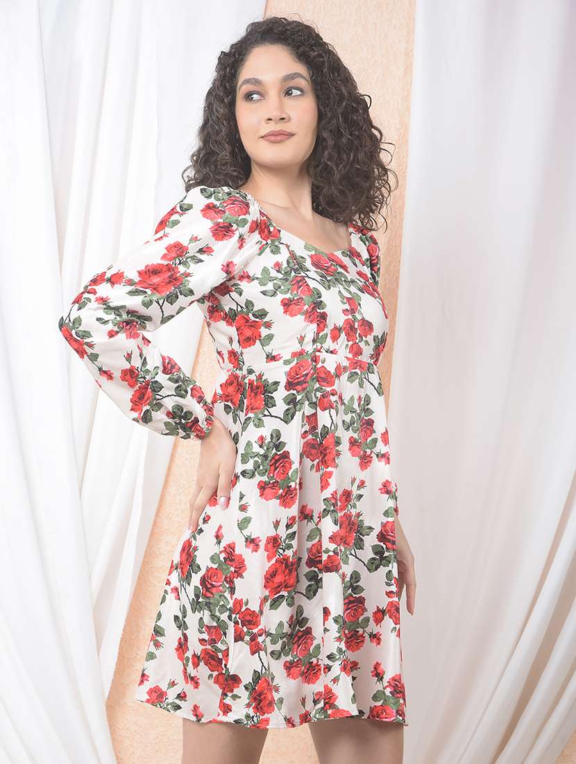 women floral print puff sleeve fit & flared dress - 22178337 -  Standard Image - 1