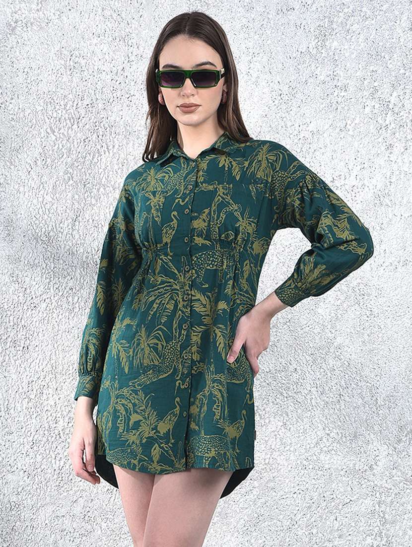 women printed collared long sleeve shirt dress