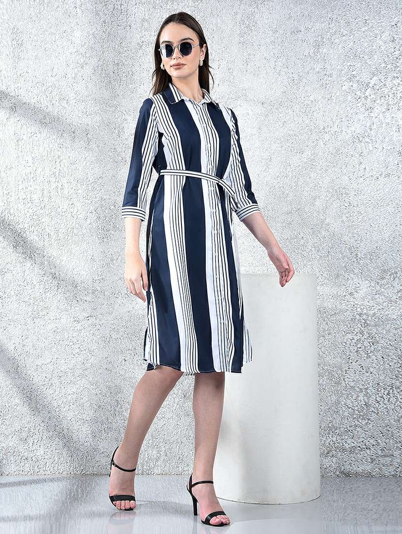 women striped collared three quarter sleeve shirt dress - 22178340 -  Standard Image - 1