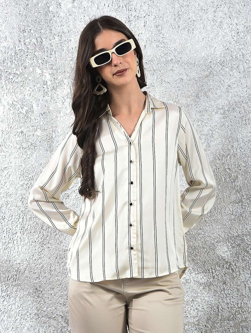 women striped collared long sleeve shirt