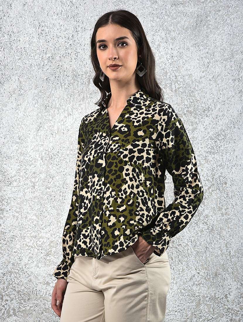 Women Animal Print Collared Long Sleeve Shirt - 22178353 -  Standard Image - 1