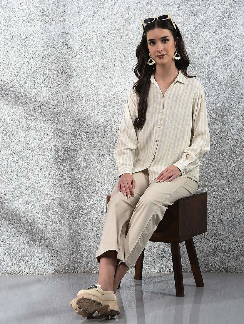women striped collared long sleeve shirt - 22178354 -  Standard Image - 4