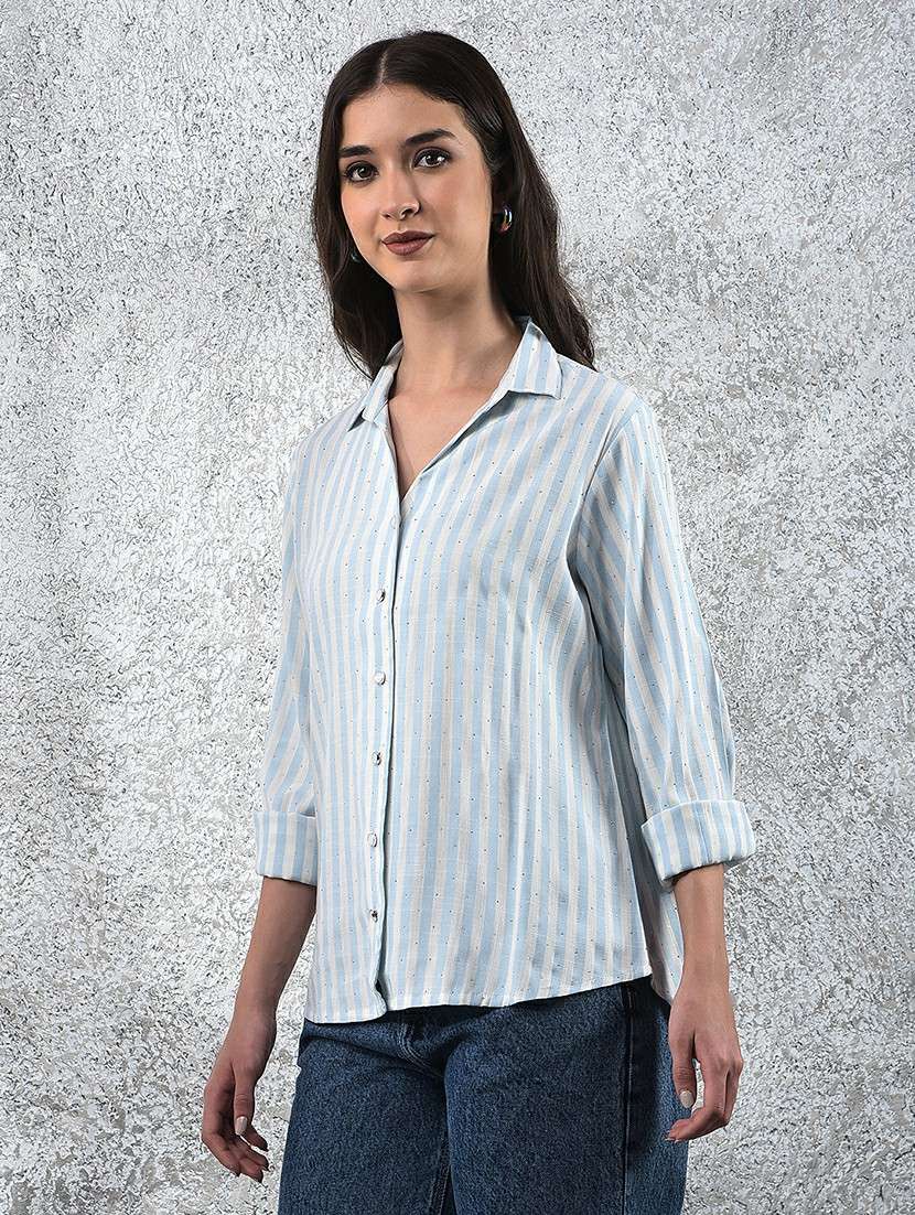 women striped collared long sleeve shirt - 22178355 -  Standard Image - 1