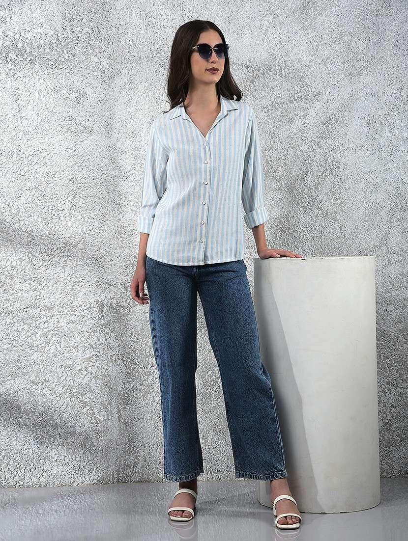 women striped collared long sleeve shirt - 22178355 -  Standard Image - 4