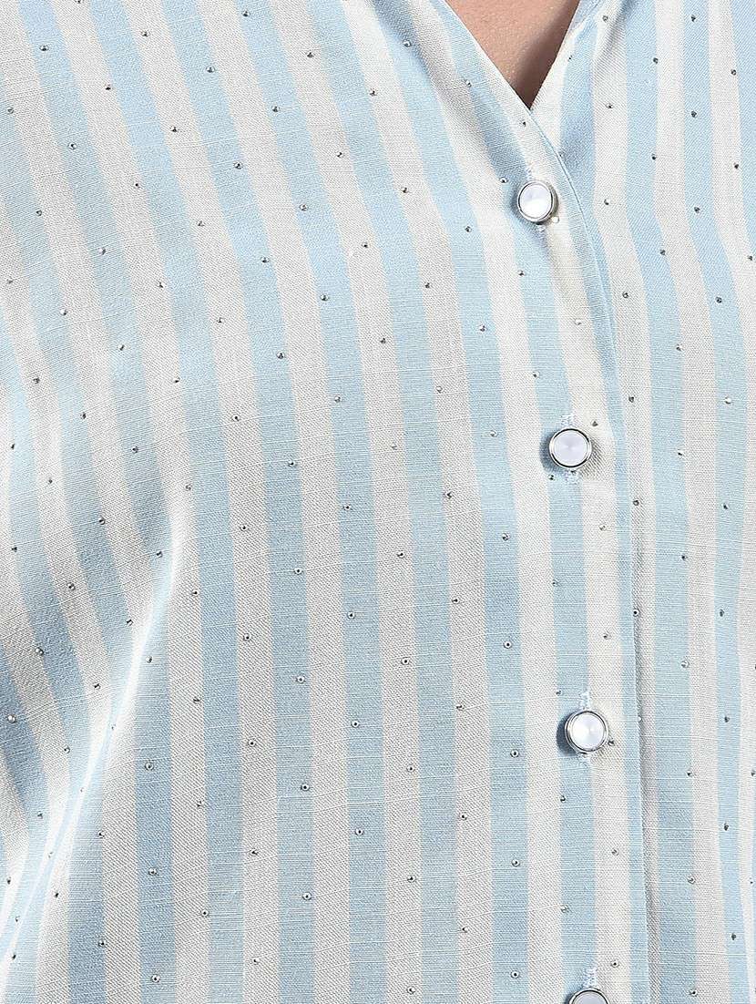 women striped collared long sleeve shirt - 22178355 -  Standard Image - 6