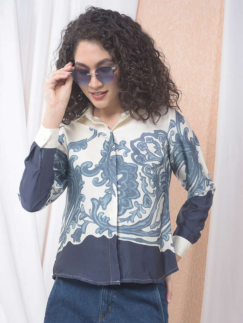 women printed collared long sleeve shirt
