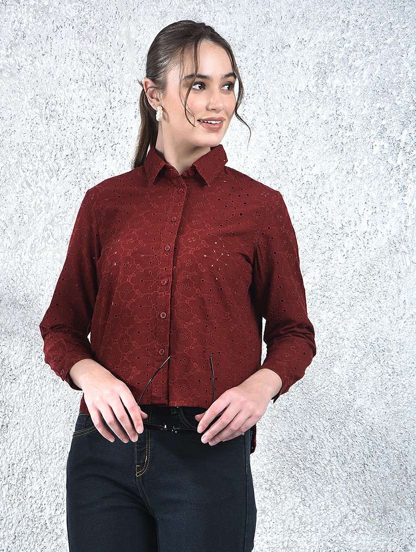 women embroidered collared long sleeve shirt