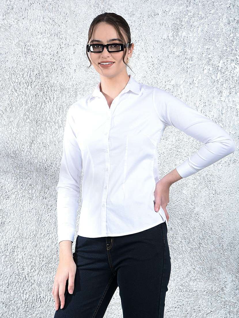 women solid collared long sleeve shirt