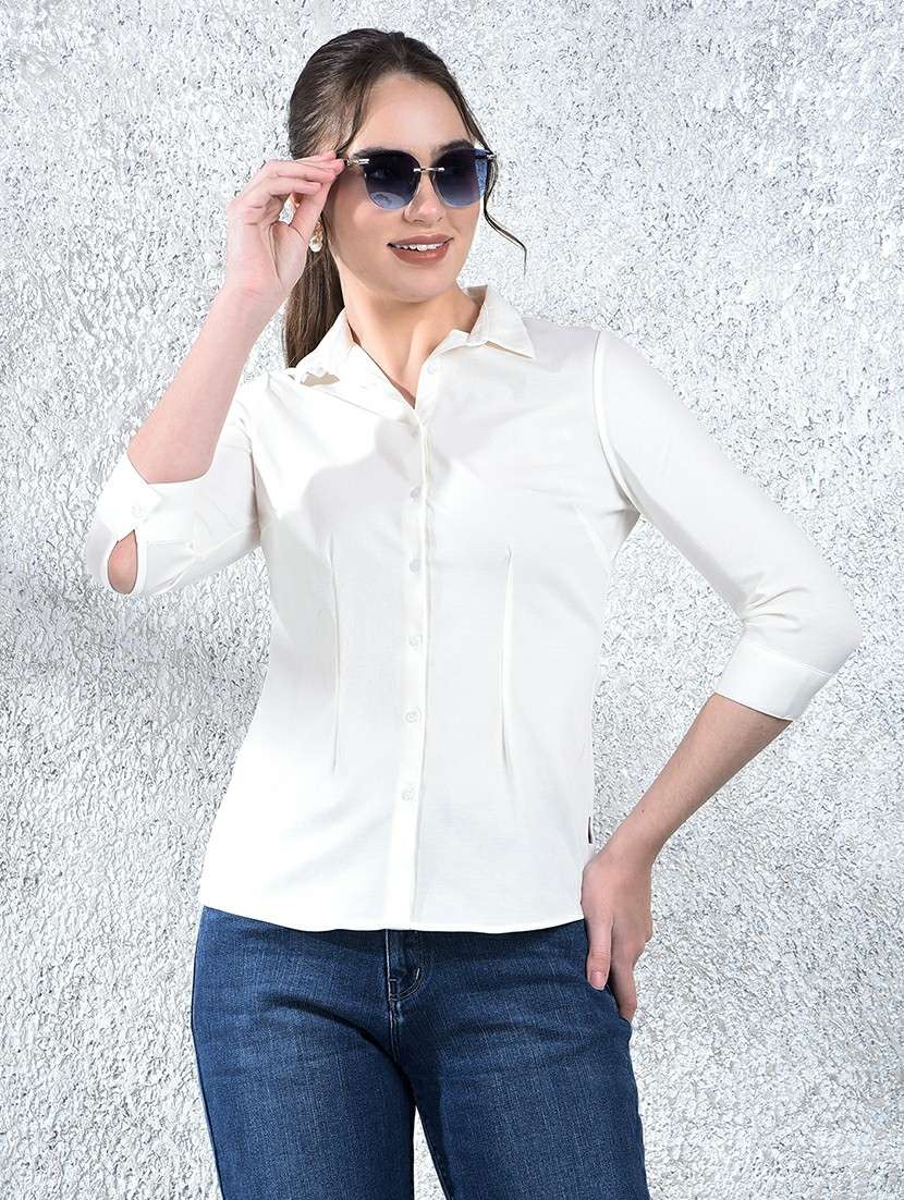 women solid collared three quarter sleeve shirt