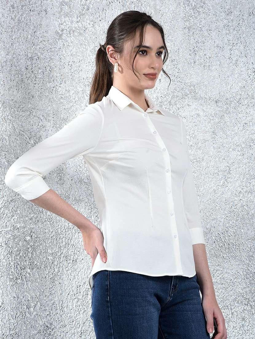 women solid collared three quarter sleeve shirt - 22178372 -  Standard Image - 1