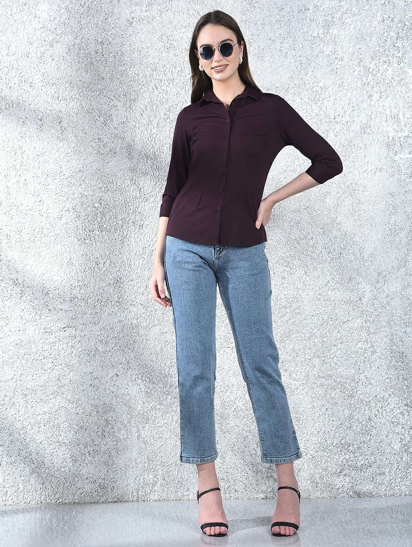 women solid collared three quarter sleeve shirt - 22178375 -  Standard Image - 4