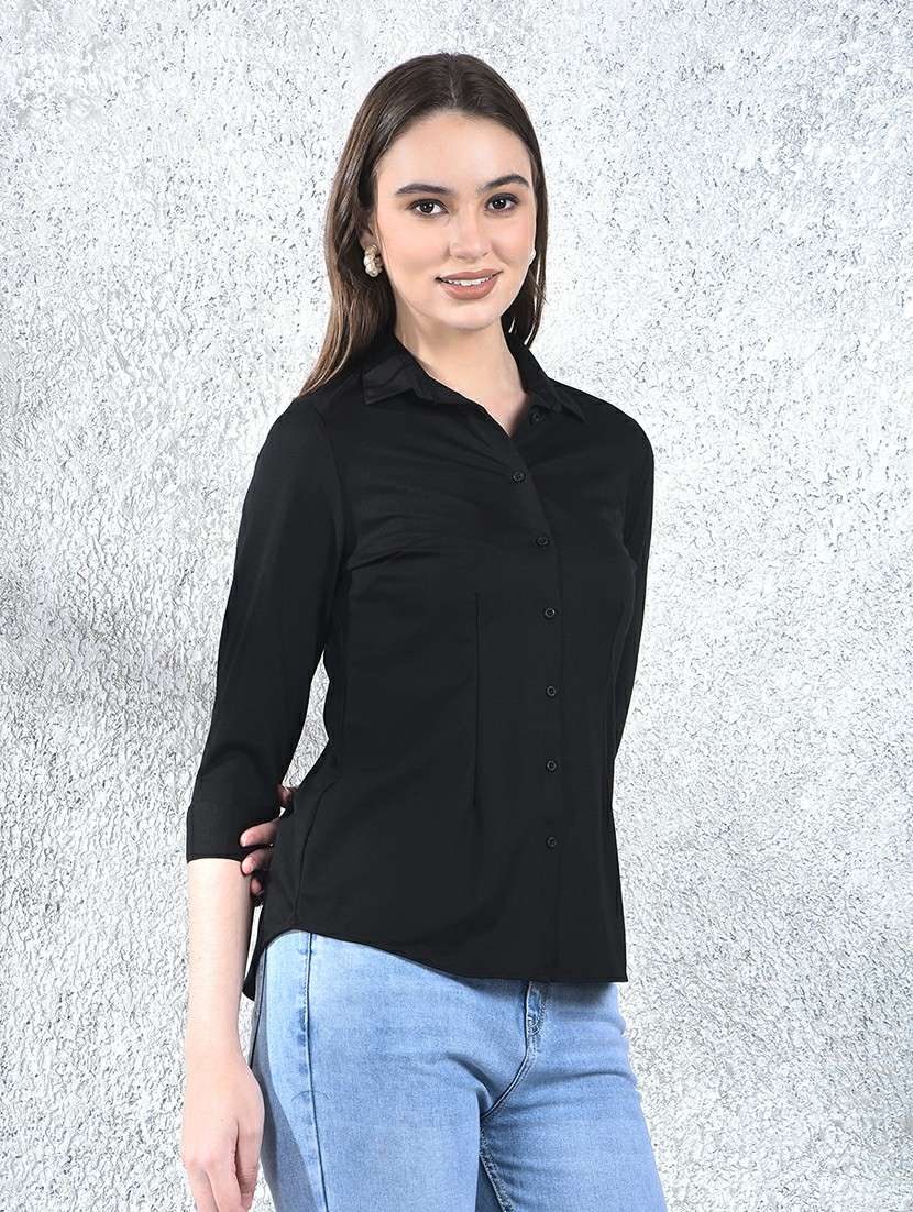 women solid collared three quarter sleeve shirt - 22178376 -  Standard Image - 1
