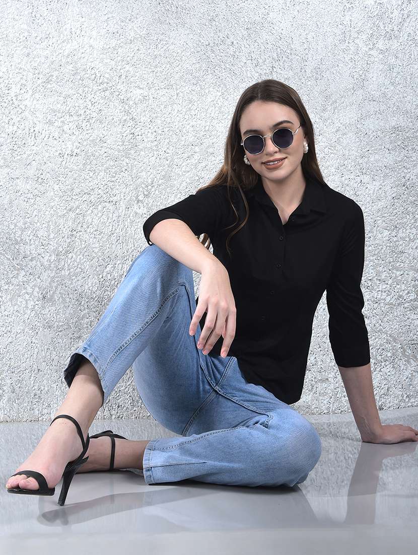 women solid collared three quarter sleeve shirt - 22178376 -  Standard Image - 4