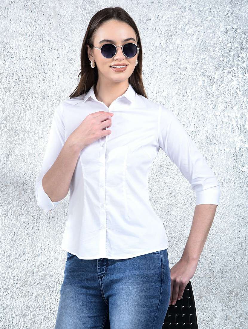 women solid collared three quarter sleeve shirt
