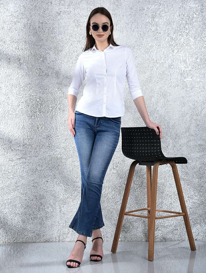 women solid collared three quarter sleeve shirt - 22178377 -  Standard Image - 4