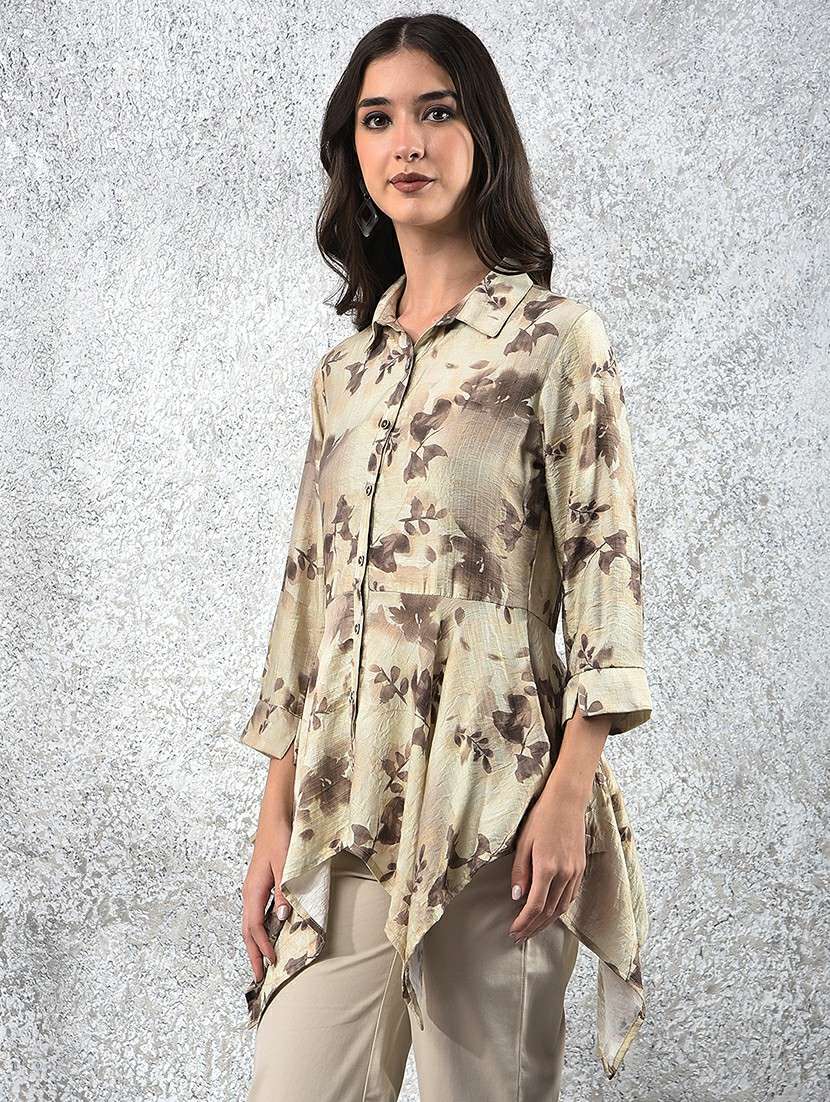 women printed collared asymmetric top - 22178401 -  Standard Image - 1