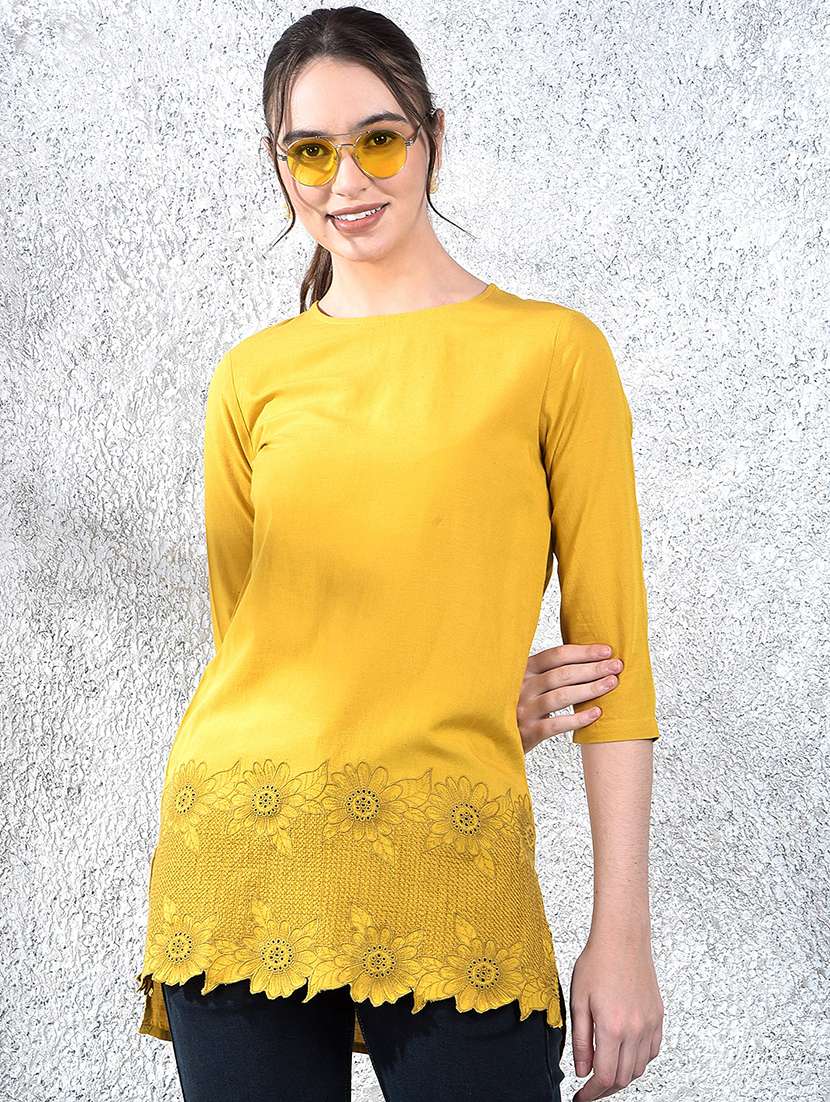 women embroidered round neck high low top