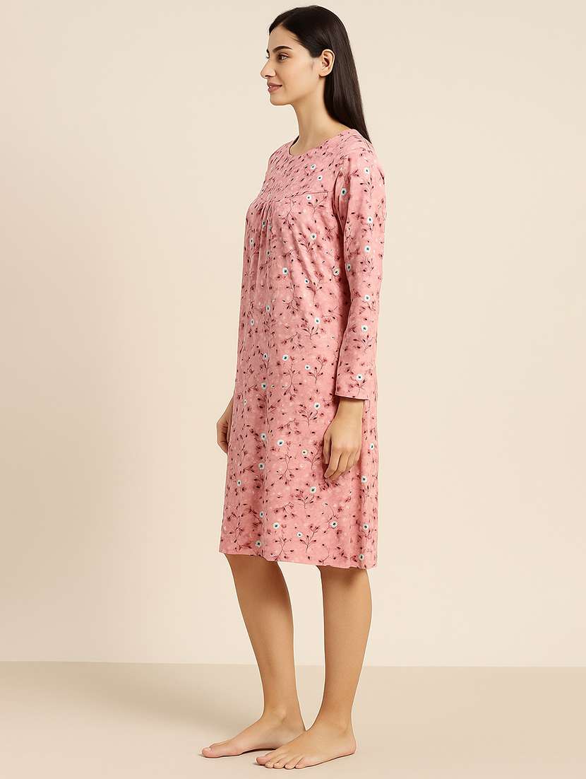 women peach printed long sleeve nighty - 22178416 -  Standard Image - 1