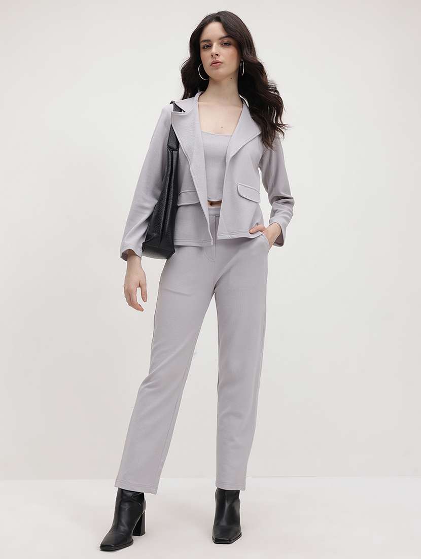 women solid blazer and trouser with tank top set