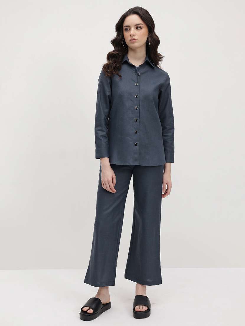 women solid shirt and trouser co-ord set