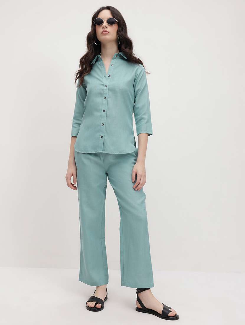 women solid shirt and trouser co-ord set