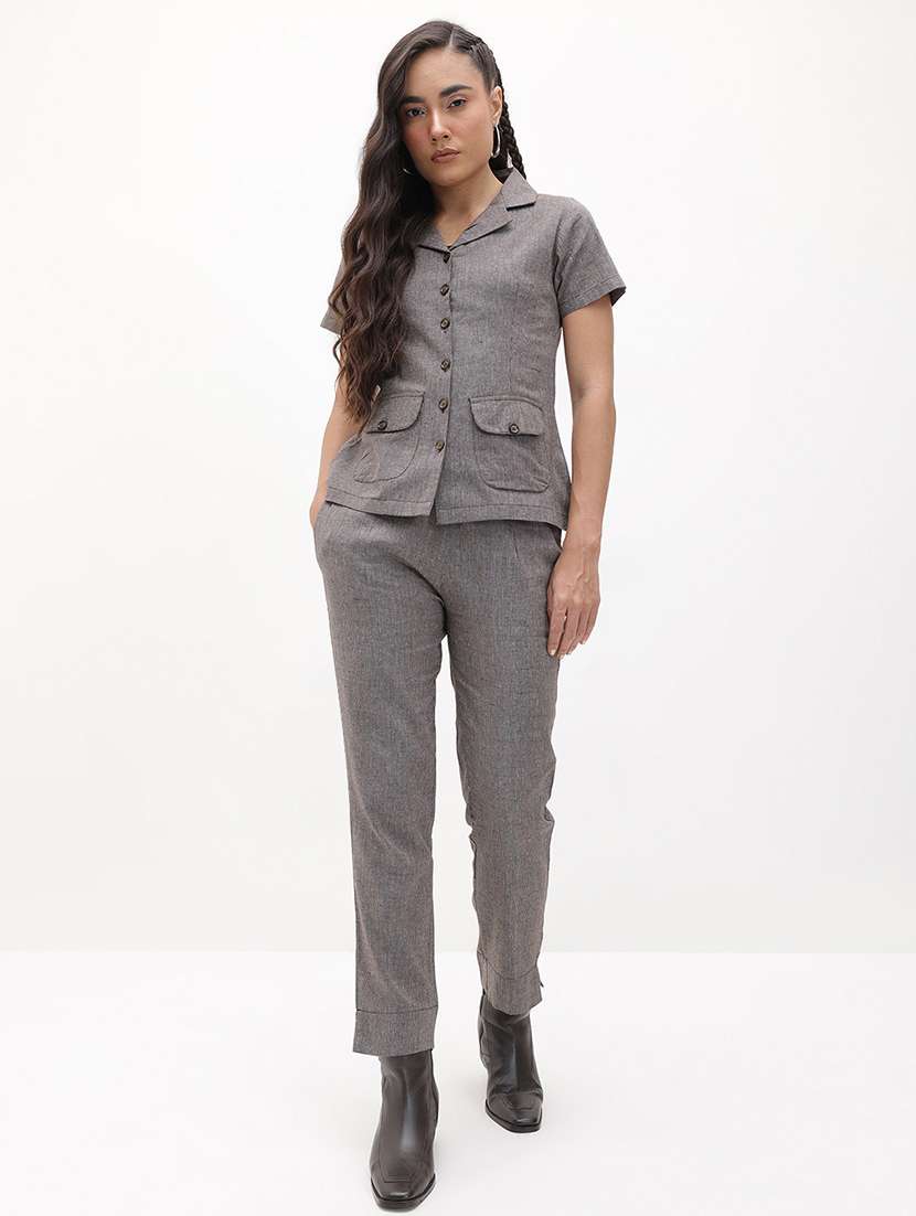 women solid shirt and trouser co-ord set