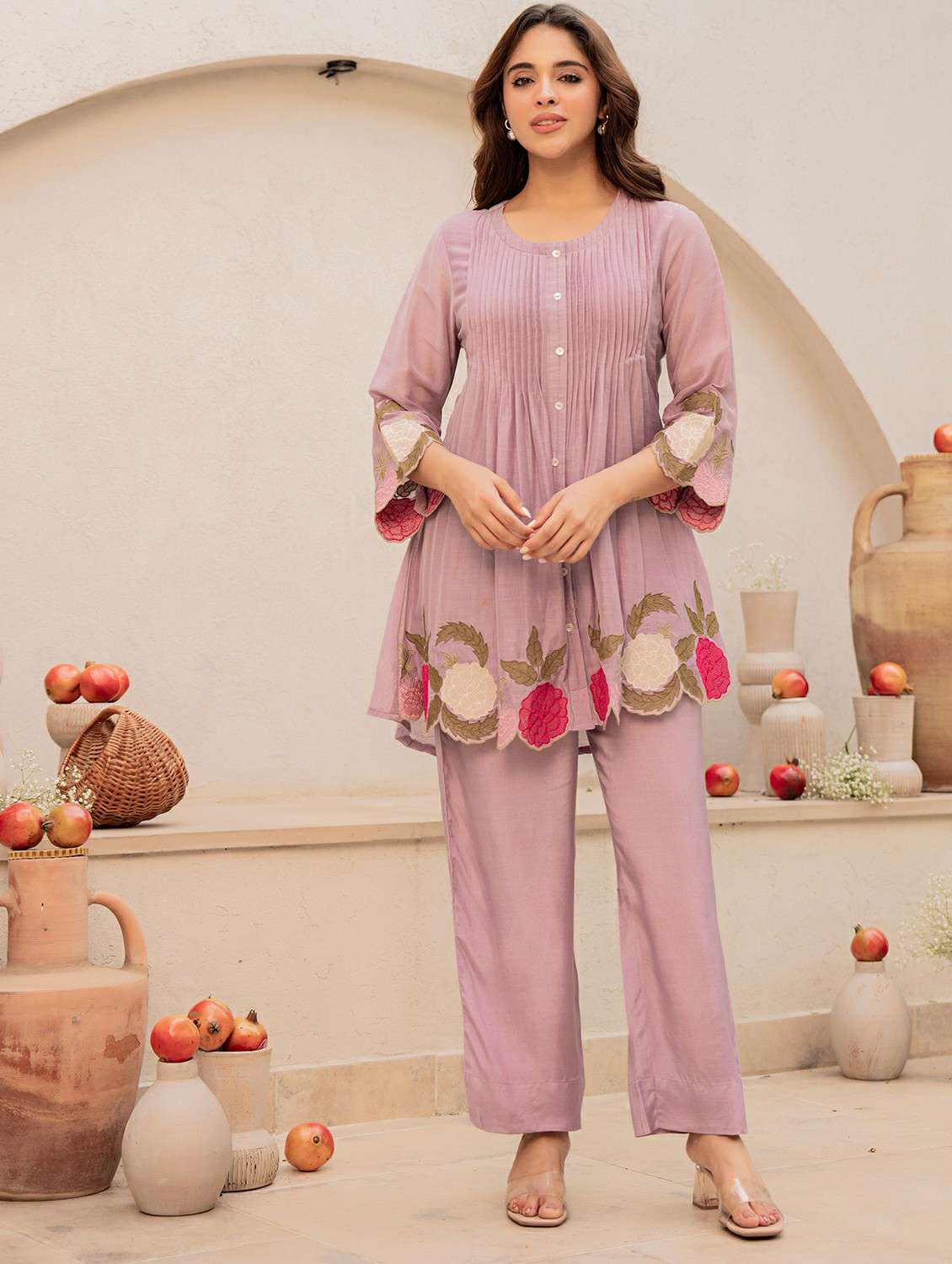 women solid with work three quarter sleeve ethnic co-ord set - 22178444 -  Standard Image - 1