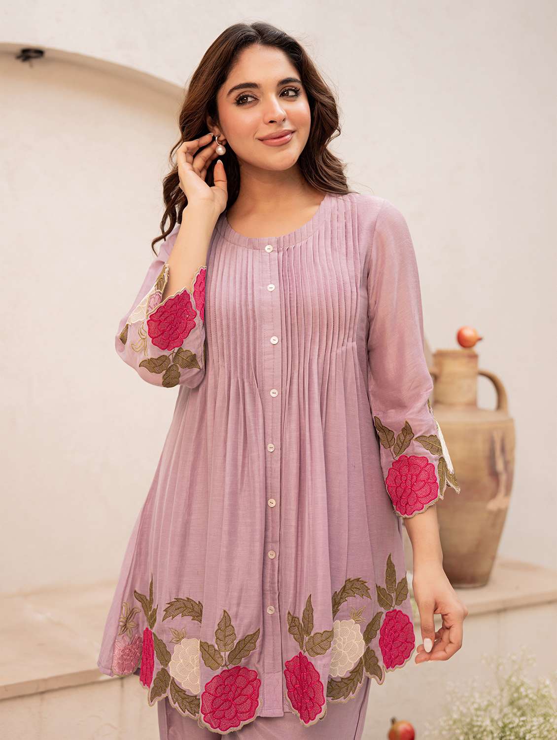 women solid with work three quarter sleeve ethnic co-ord set - 22178444 -  Standard Image - 4