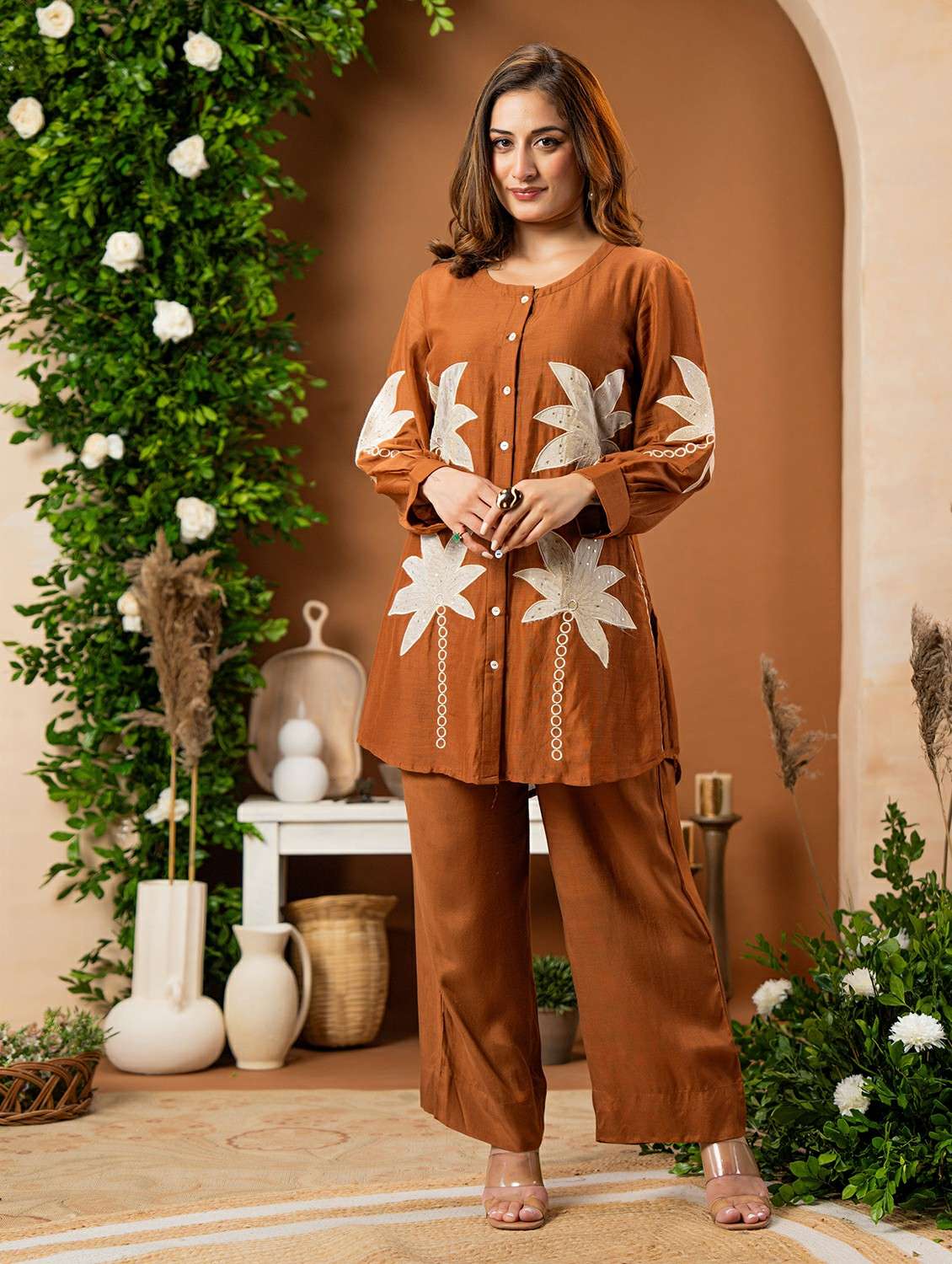 women solid with work three quarter sleeve ethnic co-ord set